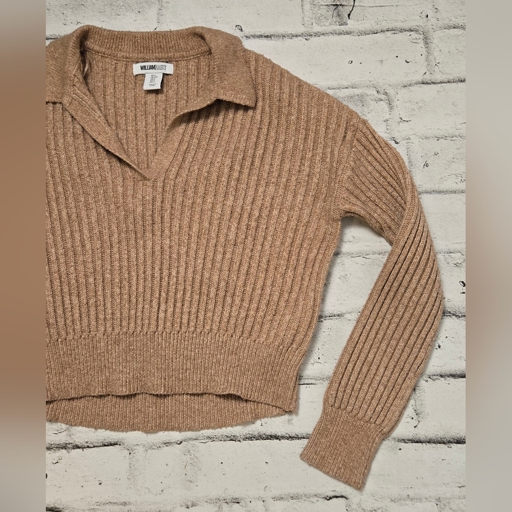 William Rast Ribbed Collared Cropped Sweater Tan Size Small - Picture 5 of 10